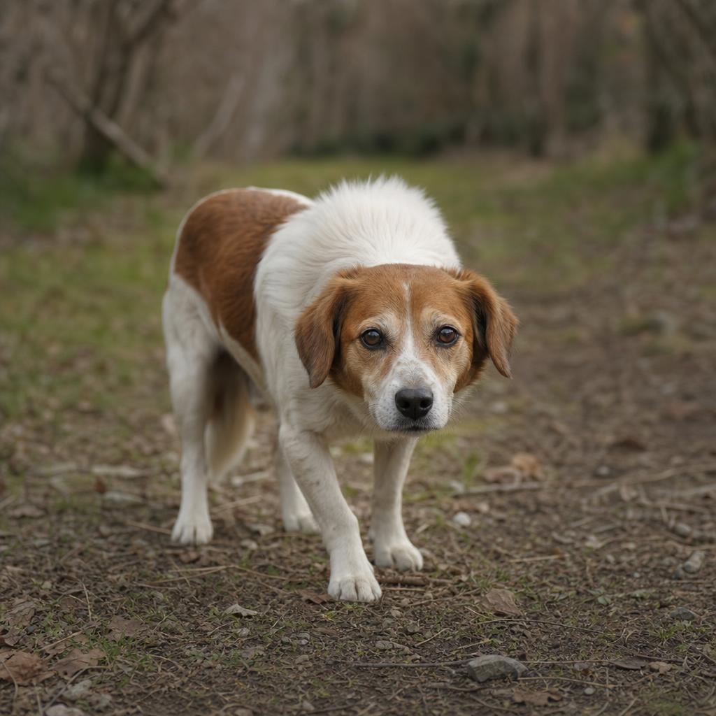 Chien hésitant à s'approcher d'un nouvel objet en extérieur