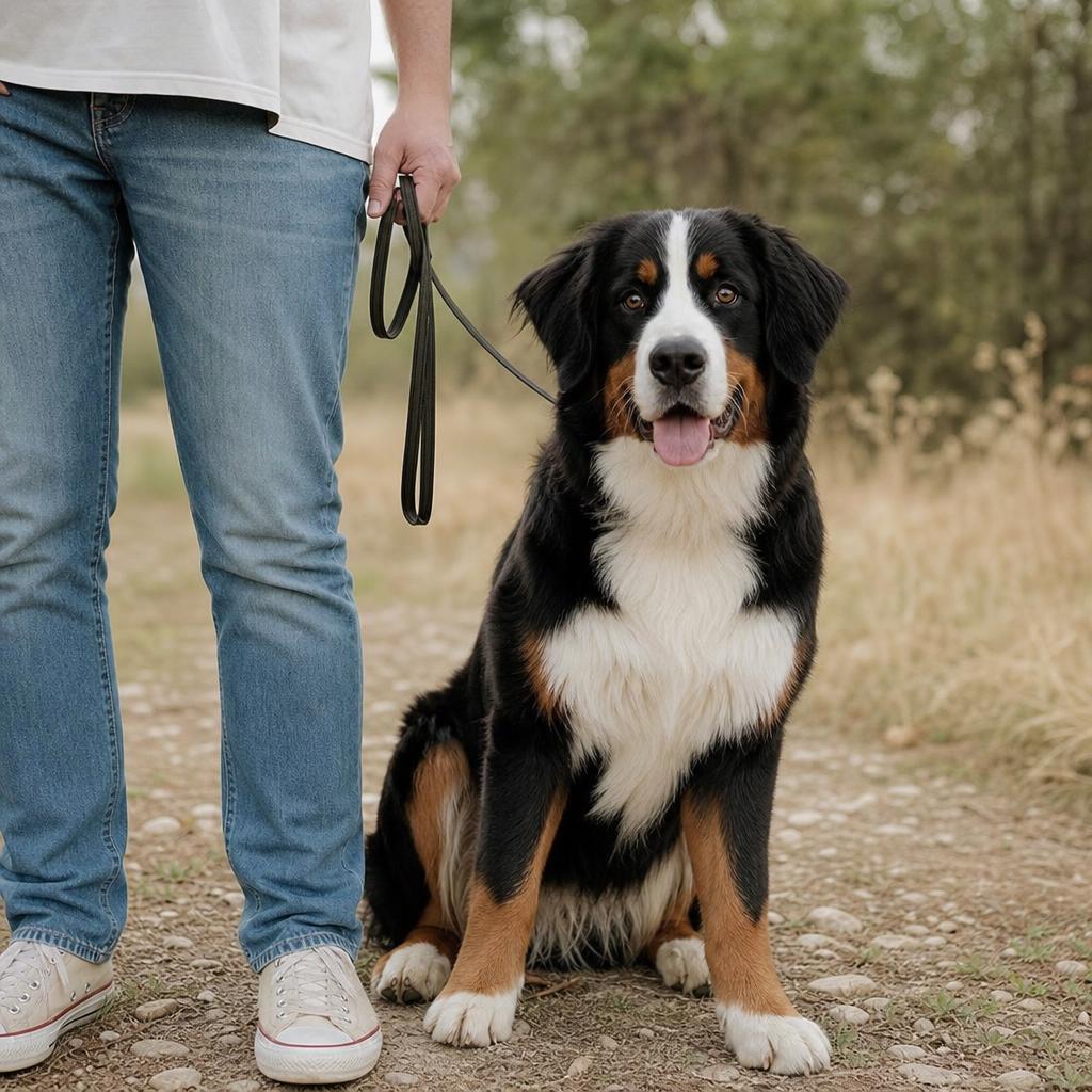 Chien assis calmement à côté d'une personne